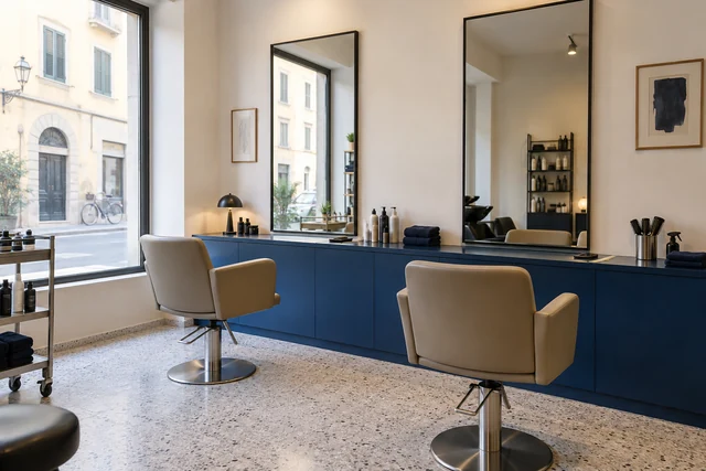 Immagine generata: le due poltrone sabbia e il banco blu dello studio Filo Blu
