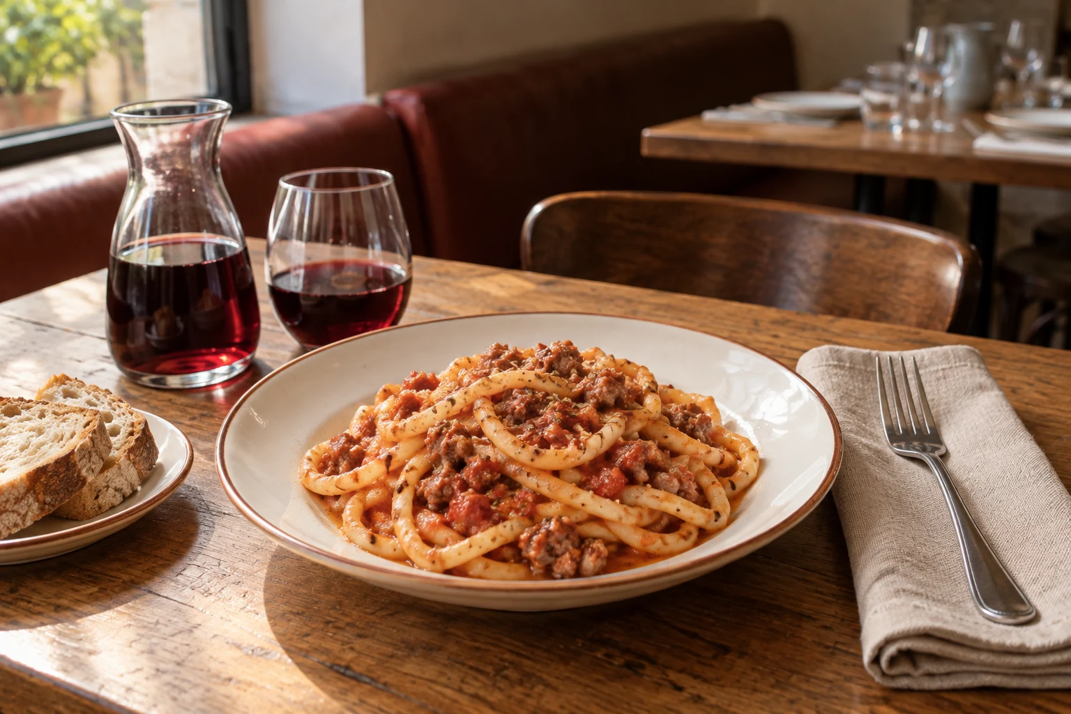 Immagine generata: pici alla finocchiona, pane e vino sul tavolo della trattoria