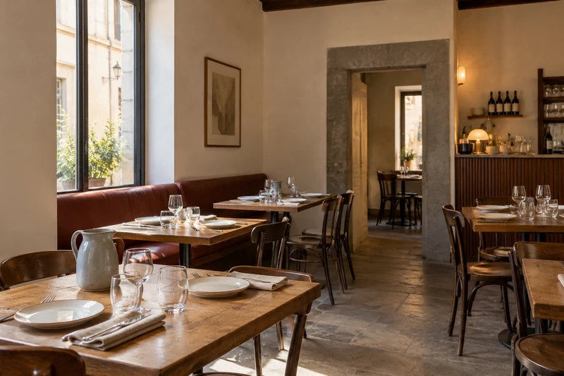 Immagine generata: la sala contemporanea, con tavoli in legno, panca rossa e una finestra sul quartiere